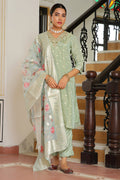 Vaasva Women Aqua Tissue Brocade Embroidered Kurta With Scalloped Pant & Dupatta