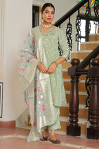 Vaasva Women Aqua Tissue Brocade Embroidered Kurta With Scalloped Pant & Dupatta