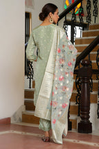 Vaasva Women Aqua Tissue Brocade Embroidered Kurta With Scalloped Pant & Dupatta