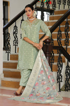 Vaasva Women Aqua Tissue Brocade Embroidered Kurta With Scalloped Pant & Dupatta