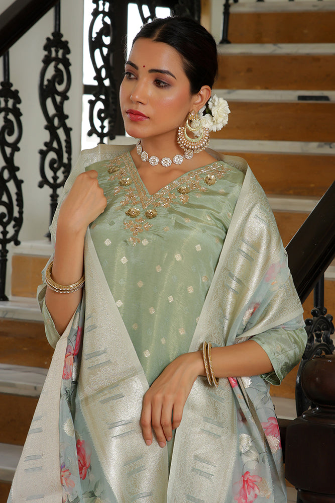 Vaasva Women Aqua Tissue Brocade Embroidered Kurta With Scalloped Pant & Dupatta