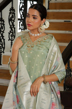 Vaasva Women Aqua Tissue Brocade Embroidered Kurta With Scalloped Pant & Dupatta