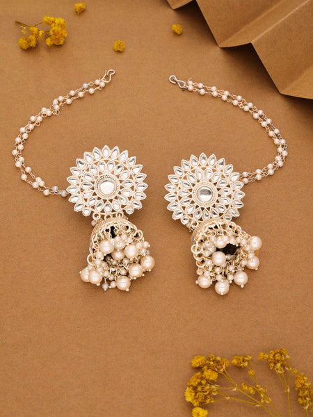 Tehzeeb Creations Kundan Pearl Studded Long Dangle Earrings For Women & Girls