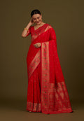 Monjolika Fashion Elegant Red Banarasi Silk Blend SareeBrocade Motifs & Zari Woven Splendor - Distacart