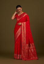 Monjolika Fashion Elegant Red Banarasi Silk Blend SareeBrocade Motifs & Zari Woven Splendor - Distacart