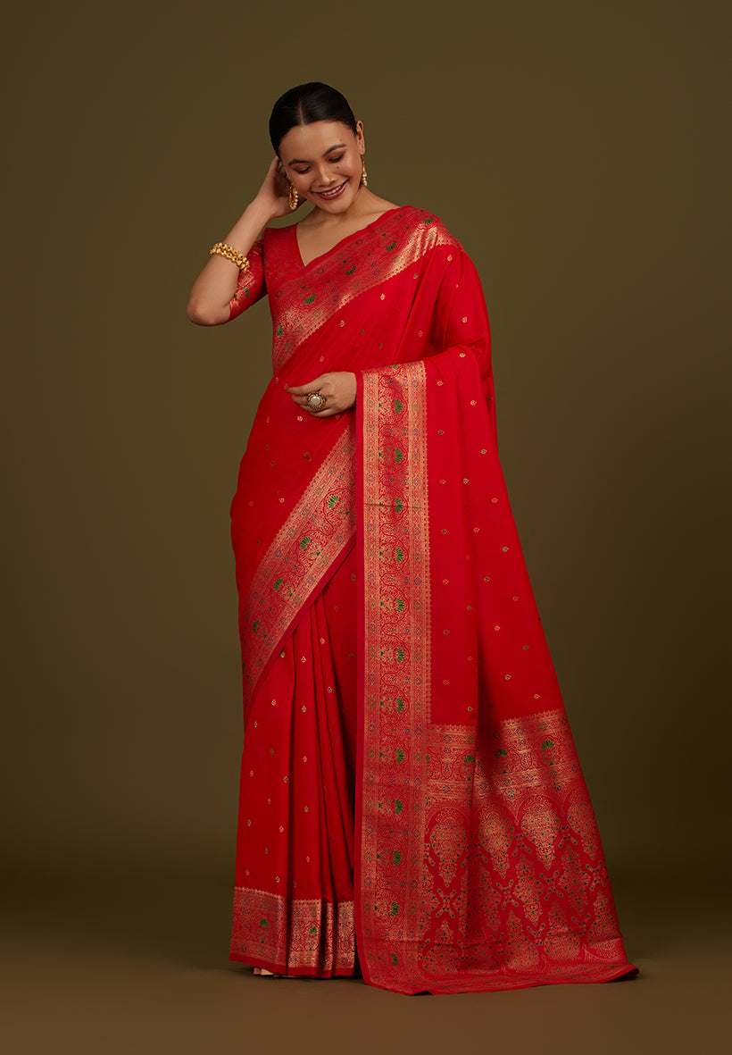 Monjolika Fashion Elegant Red Banarasi Silk Blend SareeBrocade Motifs & Zari Woven Splendor - Distacart