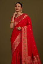 Monjolika Fashion Elegant Red Banarasi Silk Blend SareeBrocade Motifs & Zari Woven Splendor - Distacart
