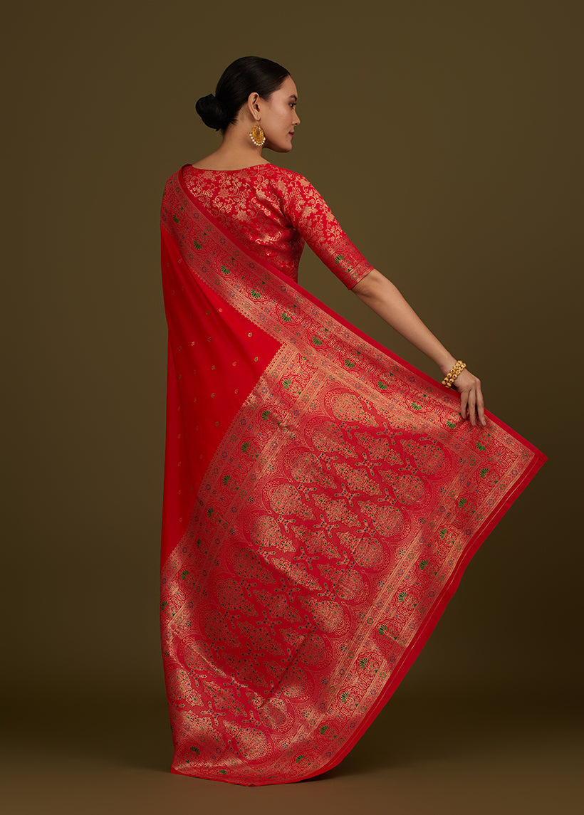 Monjolika Fashion Elegant Red Banarasi Silk Blend SareeBrocade Motifs & Zari Woven Splendor - Distacart