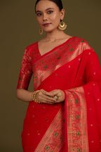 Monjolika Fashion Elegant Red Banarasi Silk Blend SareeBrocade Motifs & Zari Woven Splendor - Distacart