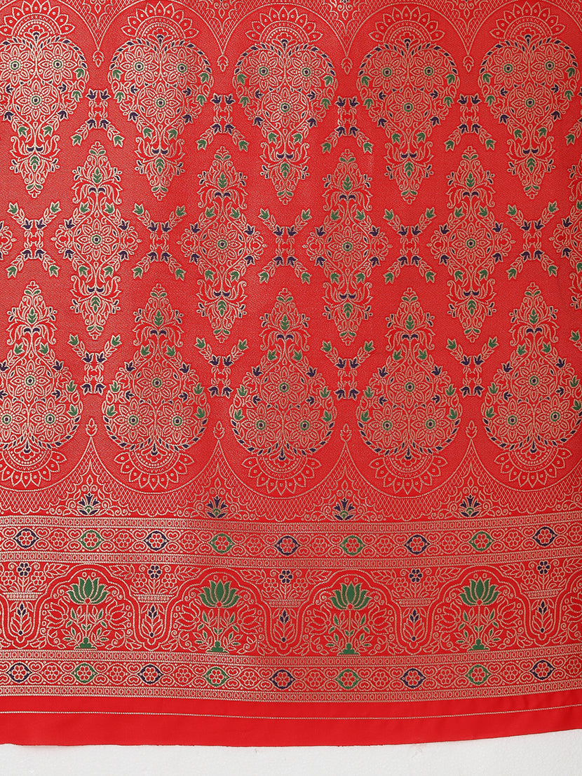 Monjolika Fashion Elegant Red Banarasi Silk Blend SareeBrocade Motifs & Zari Woven Splendor - Distacart
