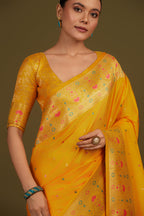 Monjolika Fashion Elegant Yellow Banarasi Silk Blend SareeBrocade Motifs & Zari Woven Splendor - Distacart