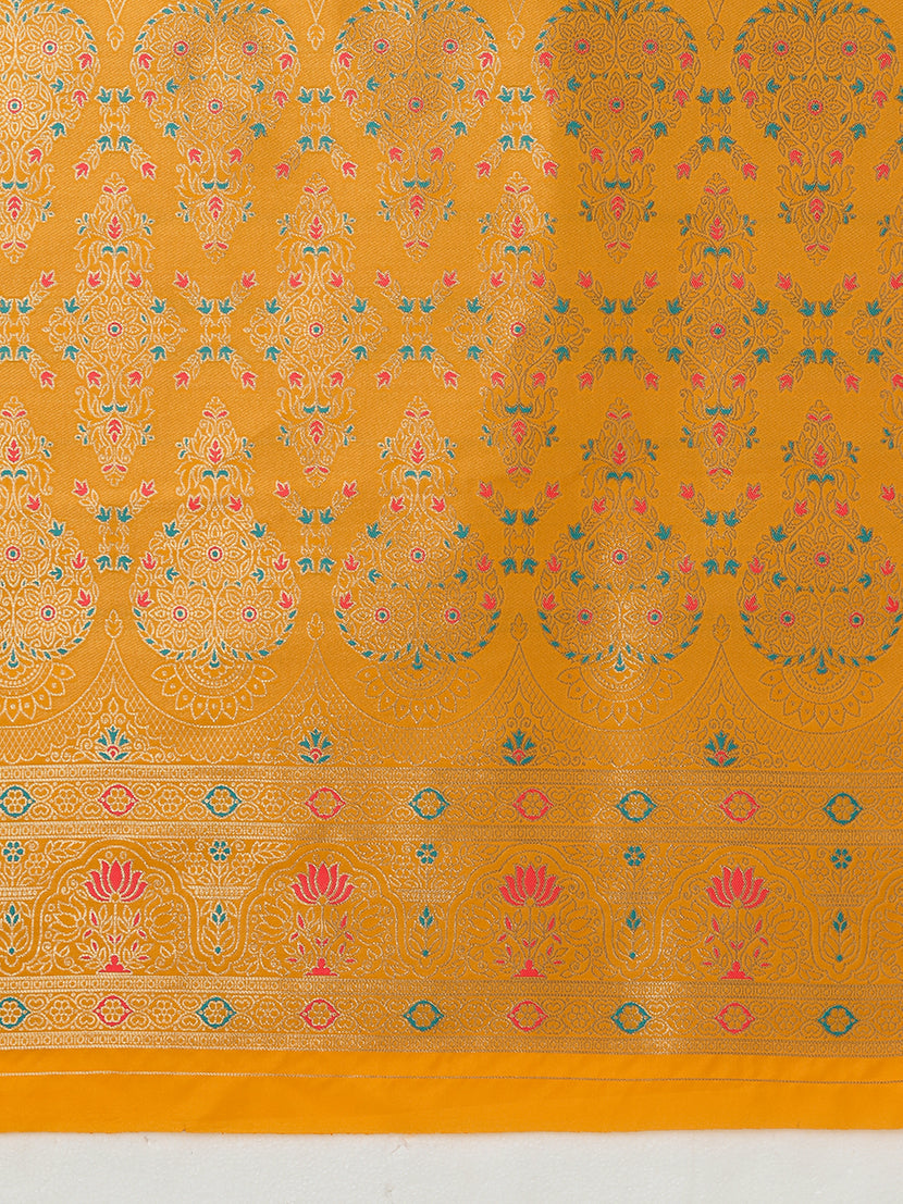 Monjolika Fashion Elegant Yellow Banarasi Silk Blend SareeBrocade Motifs & Zari Woven Splendor - Distacart
