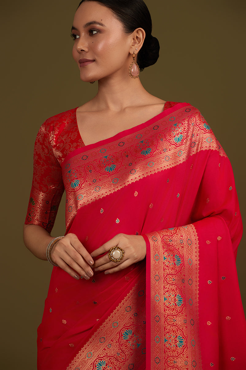 Monjolika Fashion Elegant Hot Pink Banarasi Silk Blend SareeBrocade Motifs & Zari Woven Splendor - Distacart