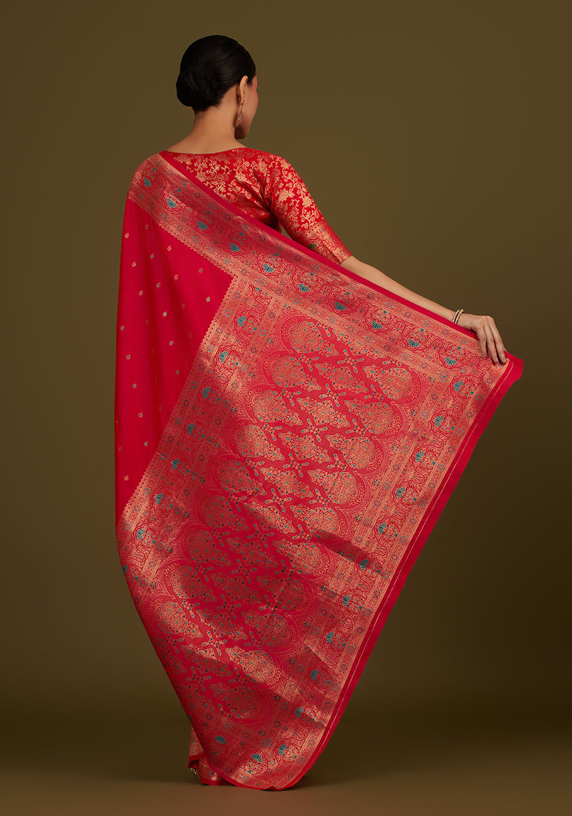 Monjolika Fashion Elegant Hot Pink Banarasi Silk Blend SareeBrocade Motifs & Zari Woven Splendor - Distacart