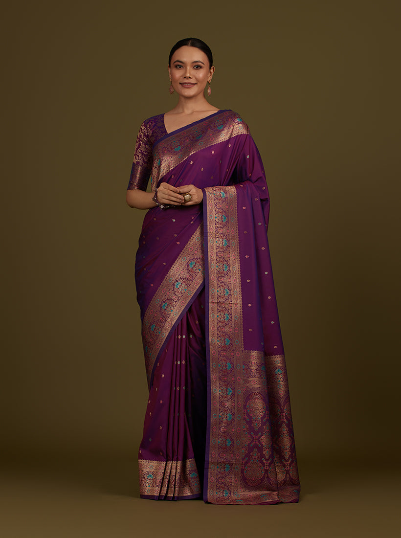 Monjolika Fashion Elegant Dark Purple Banarasi Silk Blend SareeBrocade Motifs & Zari Woven Splendor