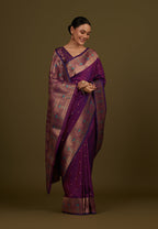 Monjolika Fashion Elegant Dark Purple Banarasi Silk Blend SareeBrocade Motifs & Zari Woven Splendor