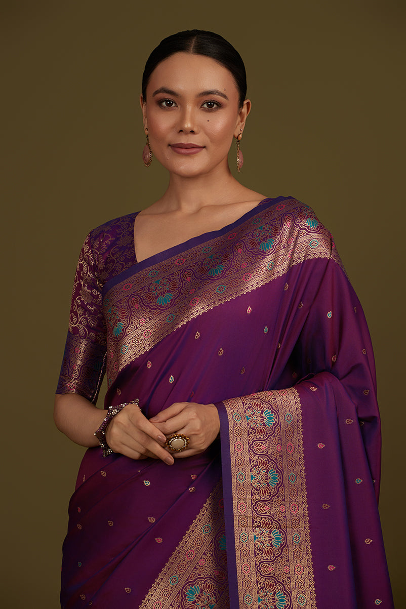 Monjolika Fashion Elegant Dark Purple Banarasi Silk Blend SareeBrocade Motifs & Zari Woven Splendor
