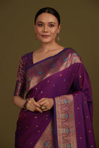 Monjolika Fashion Elegant Dark Purple Banarasi Silk Blend SareeBrocade Motifs & Zari Woven Splendor