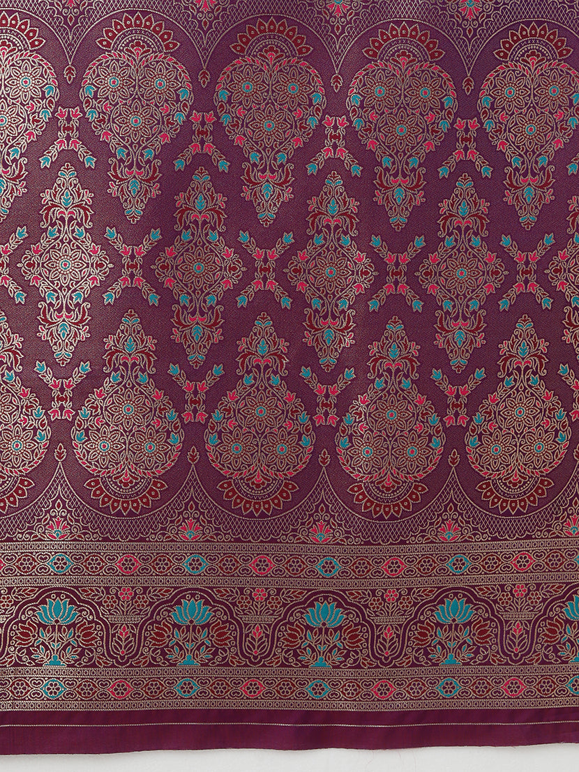 Monjolika Fashion Elegant Dark Purple Banarasi Silk Blend SareeBrocade Motifs & Zari Woven Splendor