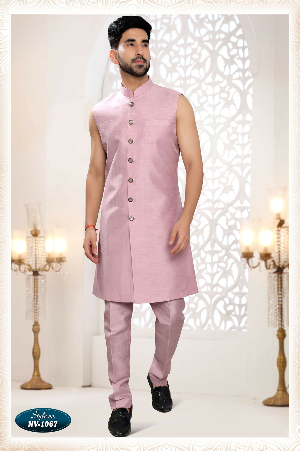 Joban Fashion Men's Pink Straight Silk Thread And Sequence Embroidery All Over 3 Pc Kurta Set
