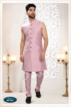 Joban Fashion Men's Pink Straight Silk Thread And Sequence Embroidery All Over 3 Pc Kurta Set