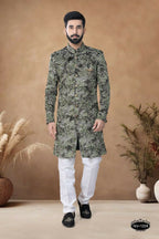 Joban Fashion Men's Green Straight Swed Velvet Thread & Sequence Embroidery All Over Indo-Western Kurta Set