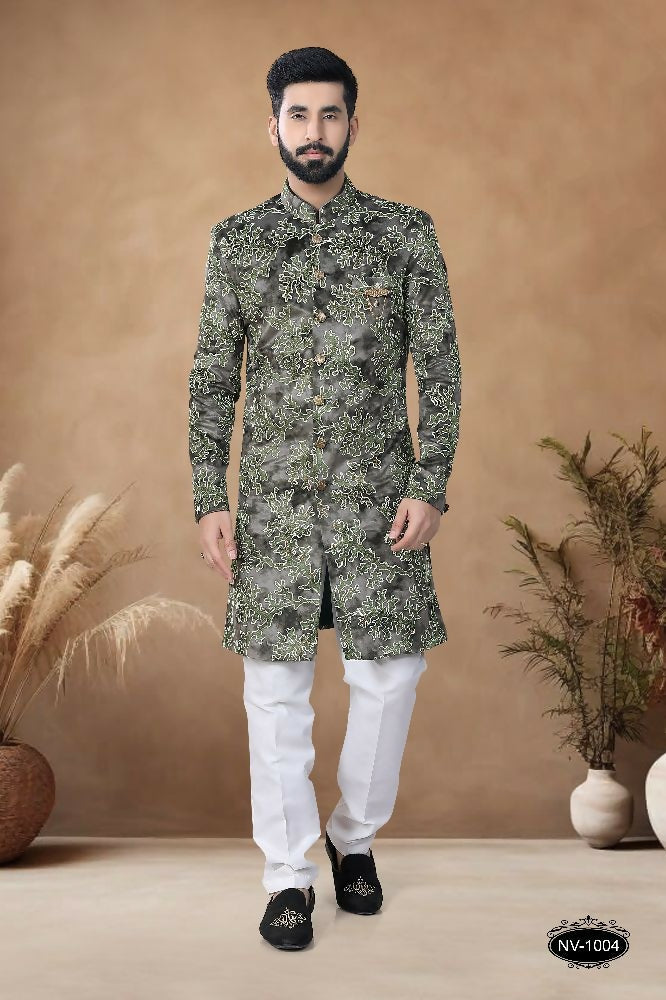 Joban Fashion Men's Green Straight Swed Velvet Thread & Sequence Embroidery All Over Indo-Western Kurta Set