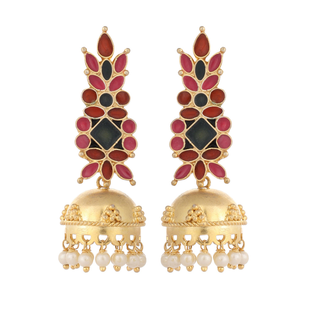Nuyug 22K Gold-Plated Enamel & Beaded Dome Shaped Jhumka Earrings - Distacart