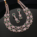 Estele Rose Gold-Polished CZ Dazzling Double Layered Designer Necklace Set with Green & White Crystals for Women