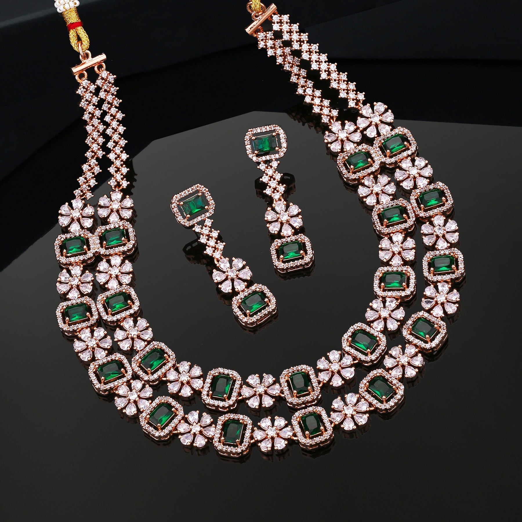 Estele Rose Gold-Polished CZ Dazzling Double Layered Designer Necklace Set with Green & White Crystals for Women