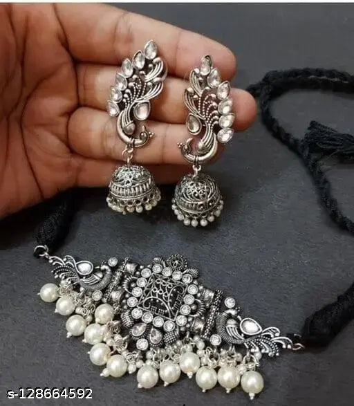 Tehzeeb Creations Women's Silver Colour Peacock Design Necklace And Earrings