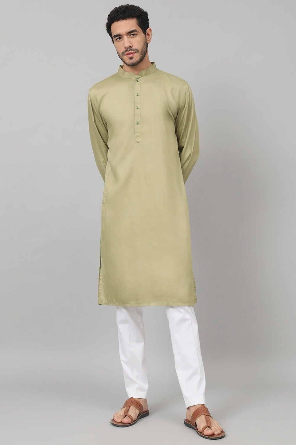 Giza Cotton Olive Green Plain Kurta by Hilo Design