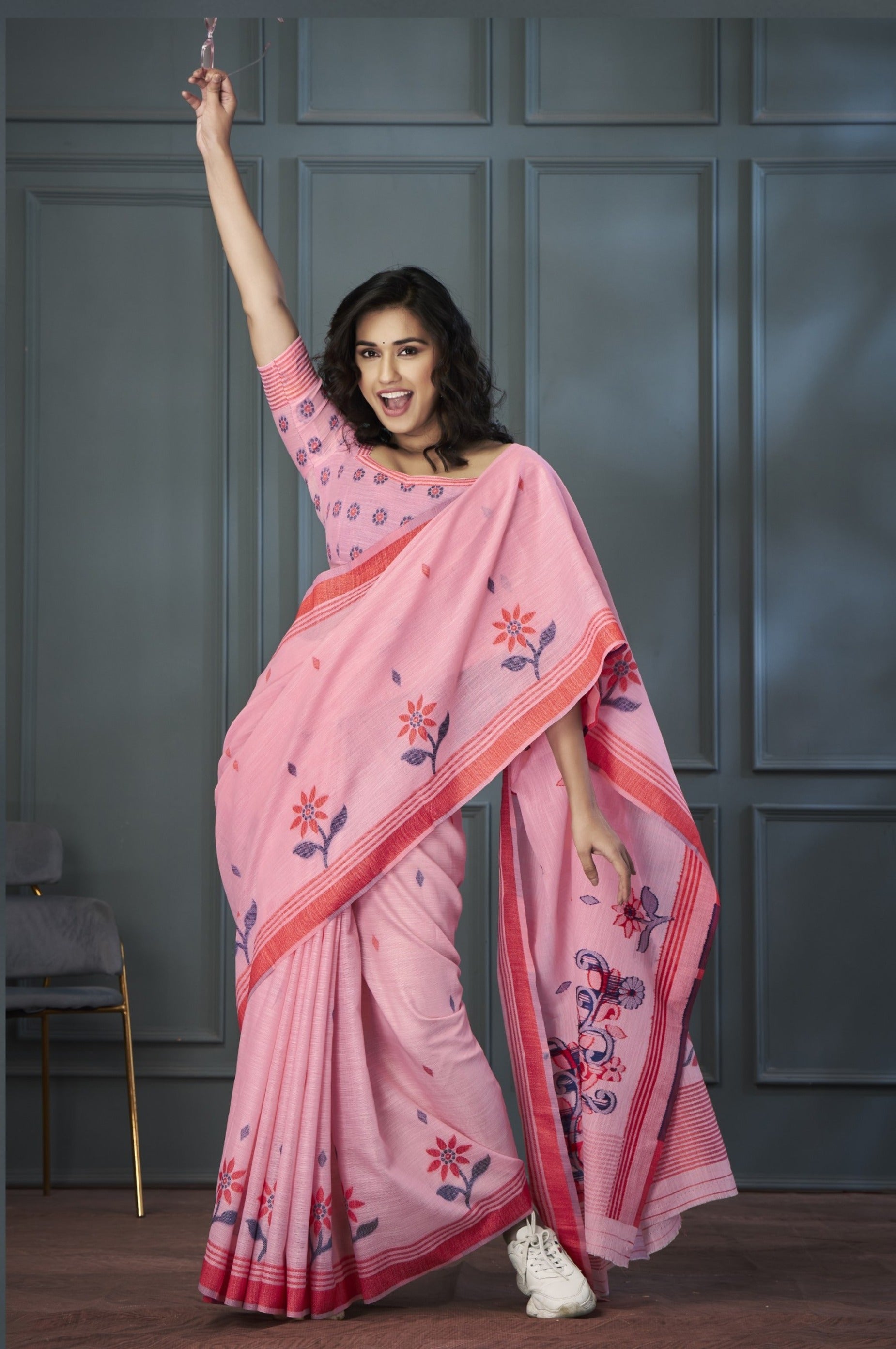 Anaita Pink Designer Weaving Handloom Linen Saree With Blouse - Distacart