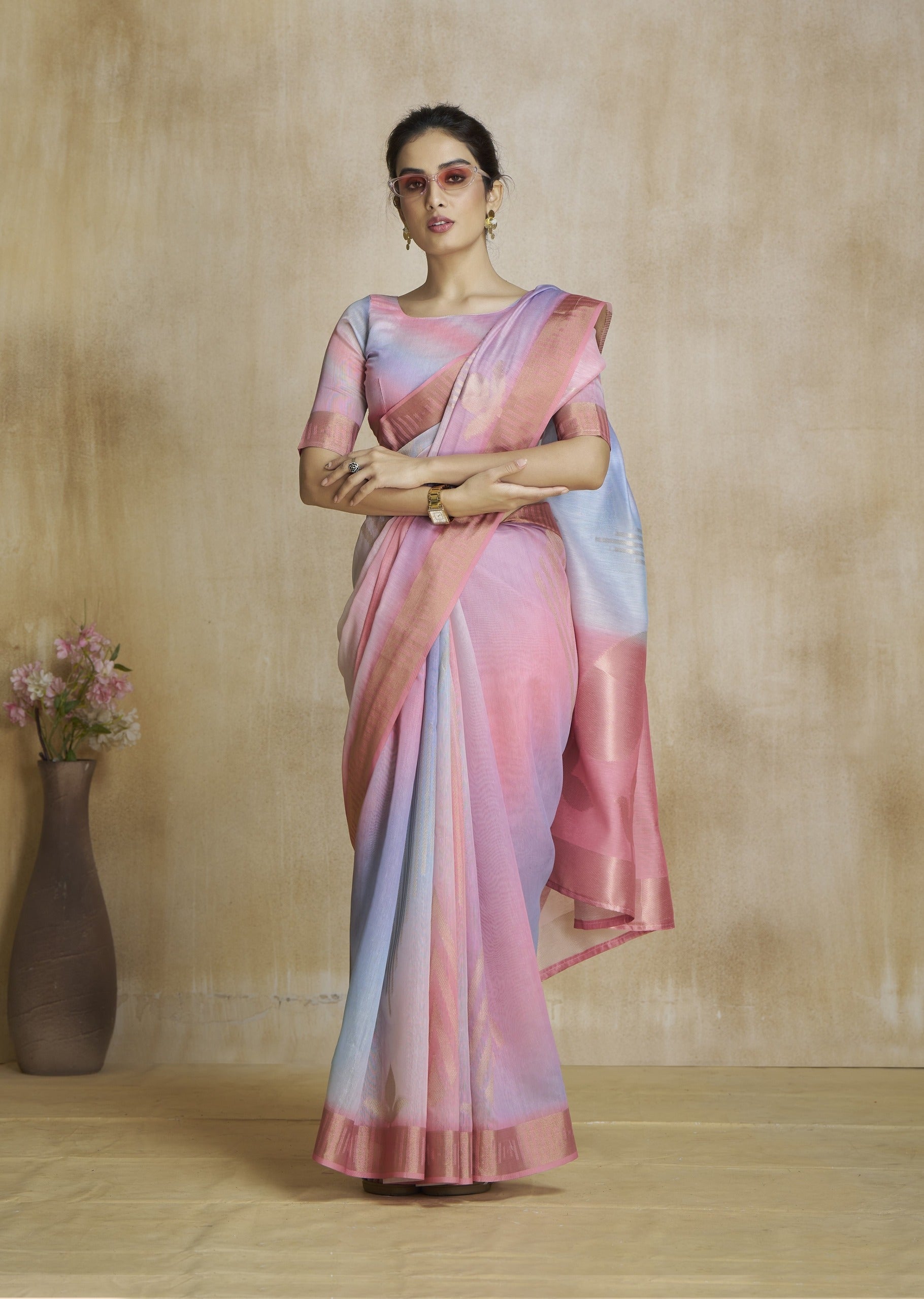 Anaita Pink Fancy Fabric With Digital Print Saree With Blouse - Distacart