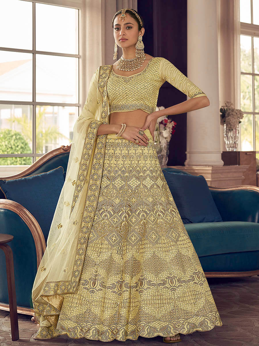 Myra Lime Yellow Crepe Embroidered Lehenga
