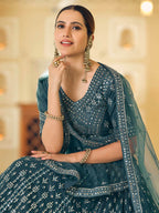 Myra Rama Blue Soft Net Embroidered Lehenga