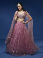 House of Panchhi Pink Net Sequinse Embroidered Lehenga & Blouse with Dupatta
