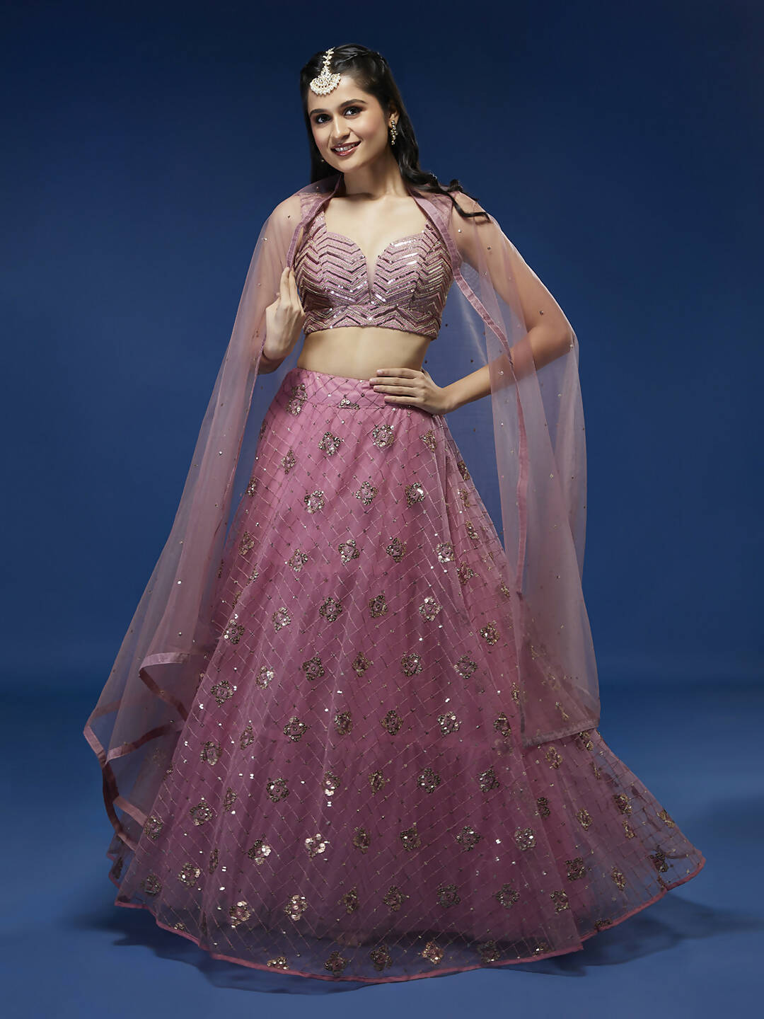 House of Panchhi Pink Net Sequinse Embroidered Lehenga & Blouse with Dupatta