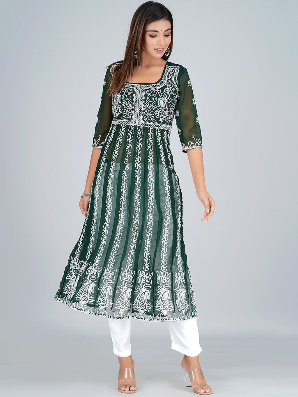 HERE&NOW Ethnic Motifs Embroidered Square Neck Georgette Anarkali Kurta