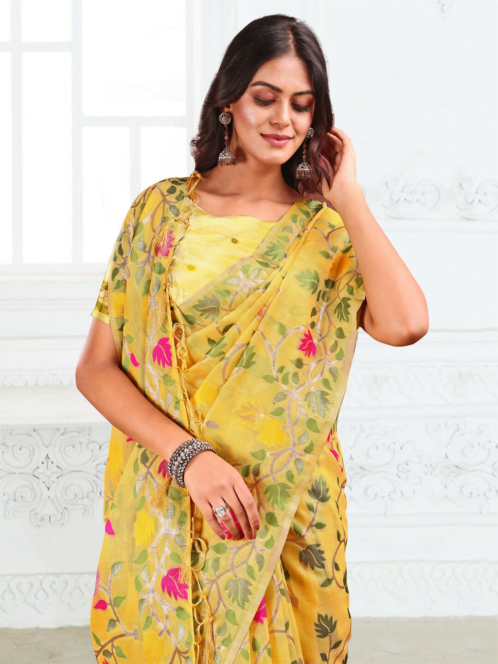 Shree Shyam Fashion Linen Cotton Yellow Saree - Distacart