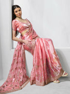 Coral Burburry silk Designer Embroidery Work Saree - Shezlin