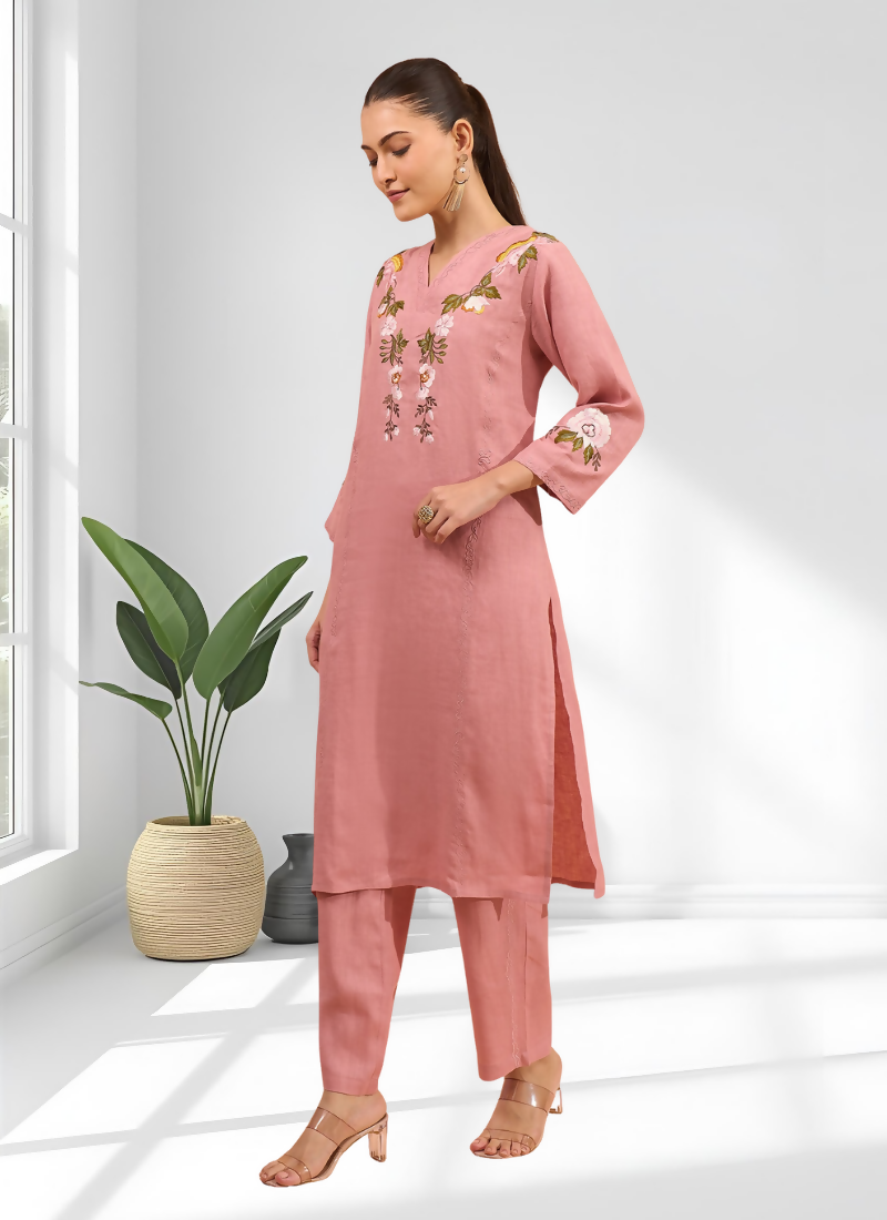Joban Fashion Pink Linen Embroidered Readymade Long Kurta With Pant - Distacart