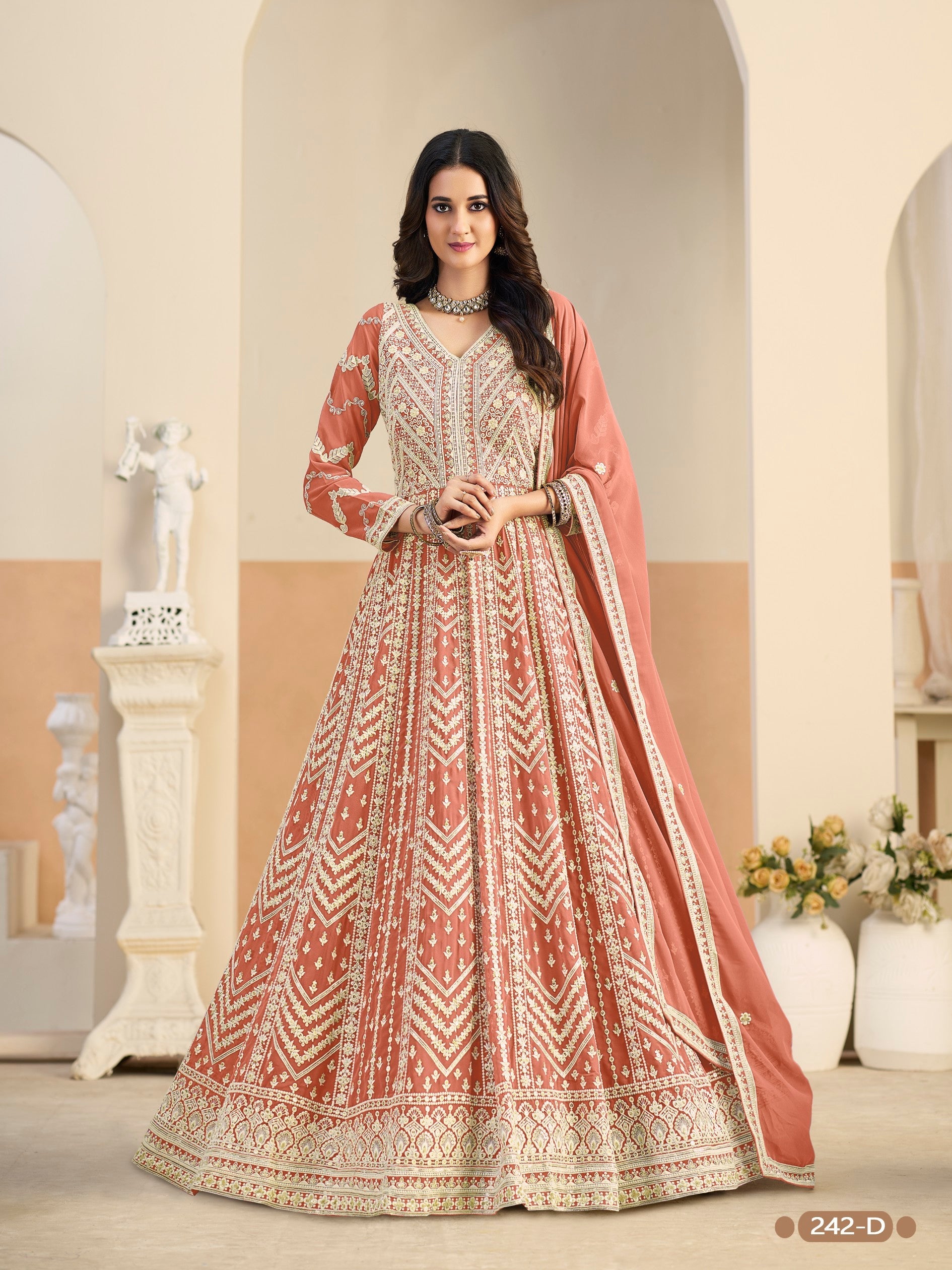Anaita Light Orange Heavy Embroidered Faux Georgette Anarkali Suit With Salwar - Distacart