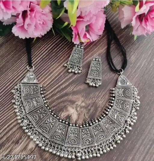 Tehzeeb Creations Women's German Silver Oxidised Necklace And Earrings