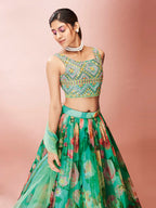 Myra Green Art Silk Embroidered Mirror Work Lehenga - Distacart