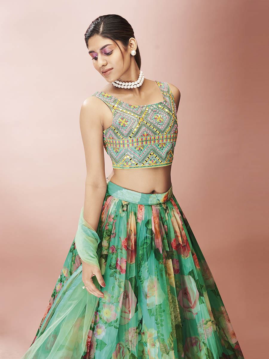 Myra Green Art Silk Embroidered Mirror Work Lehenga - Distacart