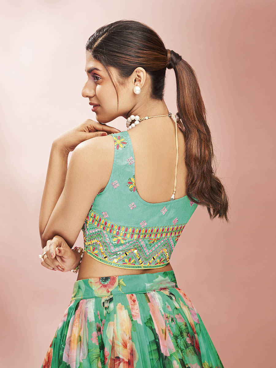 Myra Green Art Silk Embroidered Mirror Work Lehenga - Distacart