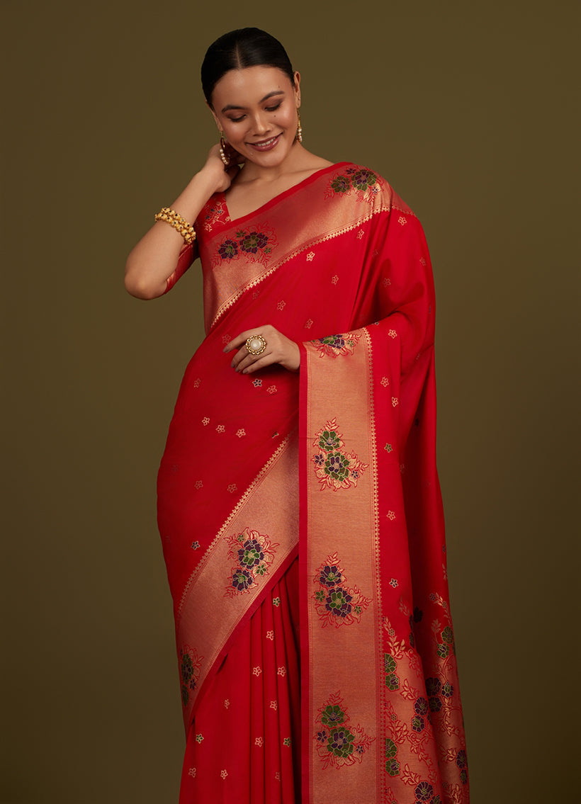 Monjolika Fashion Red Woven Silk Blend SareeWith Zari Work & Floral Motifs - Distacart