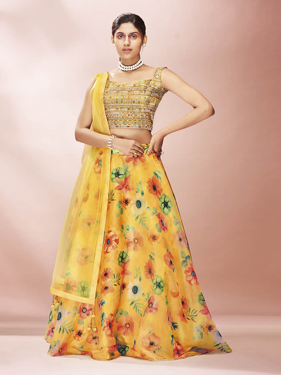Myra Yellow Art Silk Embroidered Mirror Work Lehenga