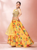 Myra Yellow Art Silk Embroidered Mirror Work Lehenga